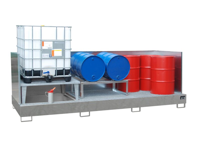 Auffangwanne AWA 31/SW – für 3×1000 l IBC mit Abfüllaufsatz, 2×Gitterrost & Spritzschutz